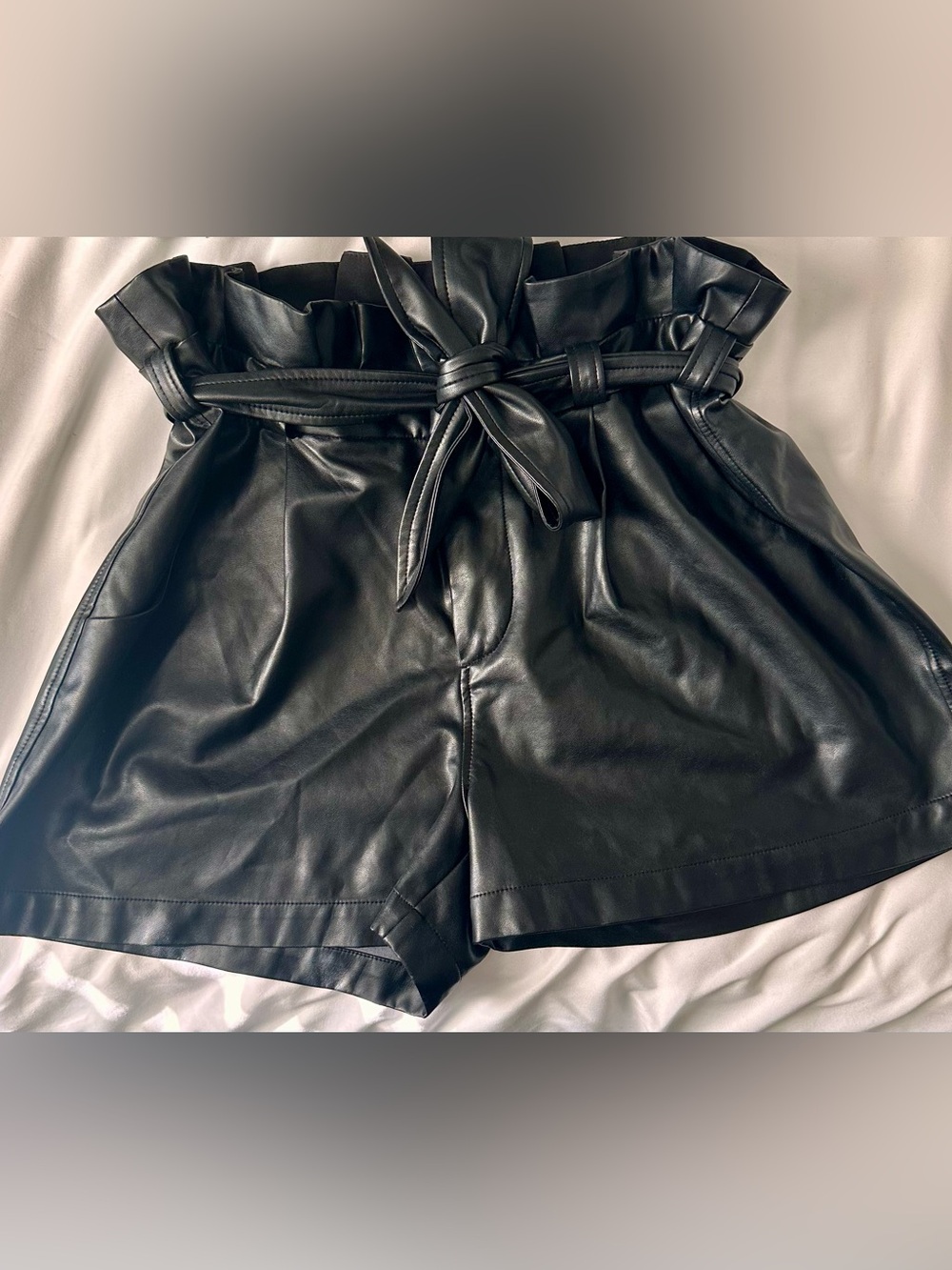 David Lerner Black Faux Leather High-Waist Paperbag Shorts With Belt Pleated